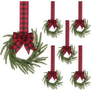 6 Pcs Mini Christmas Cabinet Wreaths 9.45 Inch Norfolk Pine Wreaths with Red Checkered Bow Tie Retro Buffalo Plaid Hanging Decor for Kitchen Chair Windows Doors Farmhouse