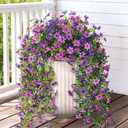 Artificial Hanging Flowers for Outdoors, 2 Pcs Fake Hanging Plant Spring Summer Decor, UV Resistant No Fade Realistic Faux Flower for Front Door Porch Planter Patio Garden Yard(Double Purple)