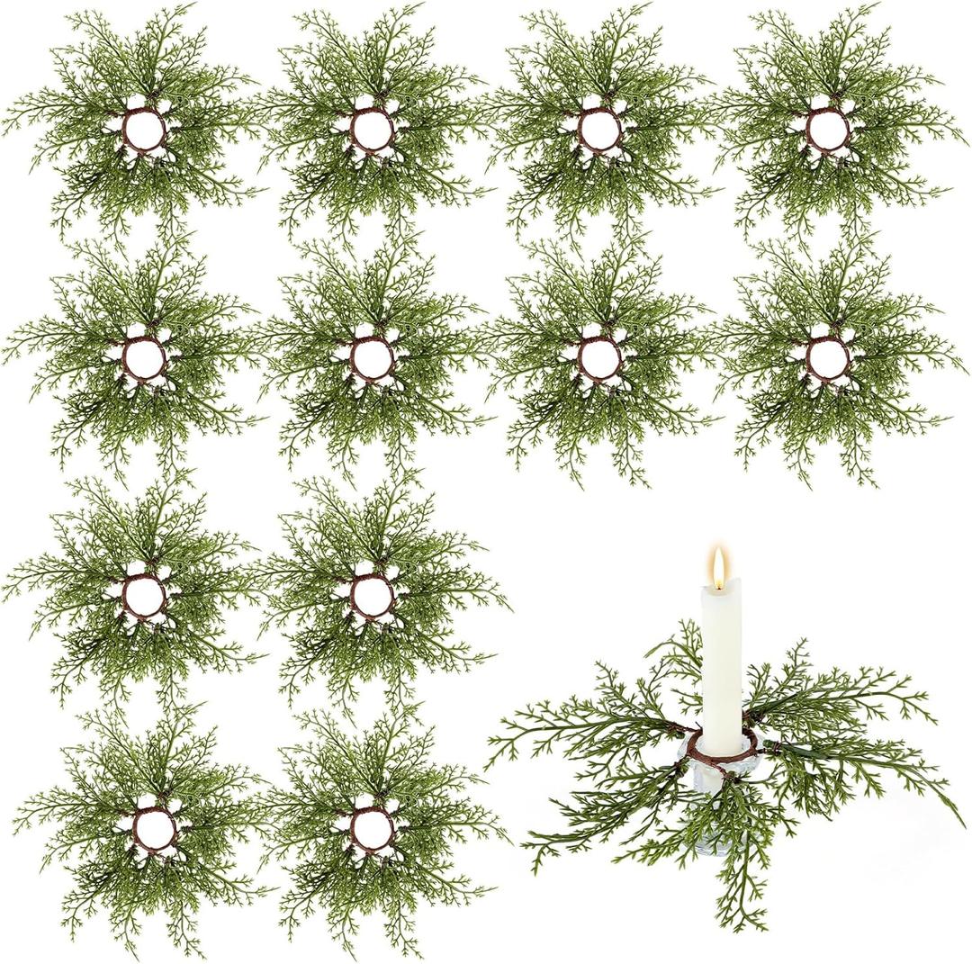 12 Pack Christmas Pine Taper Candle Rings Wreaths Decorations 1.38 Inch Mini Pine Taper Candle Holder Wreaths for Xmas Holiday Church Home Table Centerpiece Candlesticks Decor