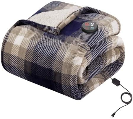 GOTCOZY Heated Blanket Electric Throw 50''X60''- Electric Throw Blanket with One Touch Button 10 Heating Level & 9 Time Settings Heating Blanket, Machine Washable (Check Navy)