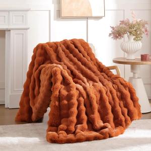 Smoofy Faux Fur Fall Throw Blanket for Couch  Burnt Orange Fluffy Cozy Rabbit Fleece, Plush Soft Bubble Blanket for Sofa & Bed, for Mom, Warm Fuzzy Home Room Decor Throw 50" x 60"