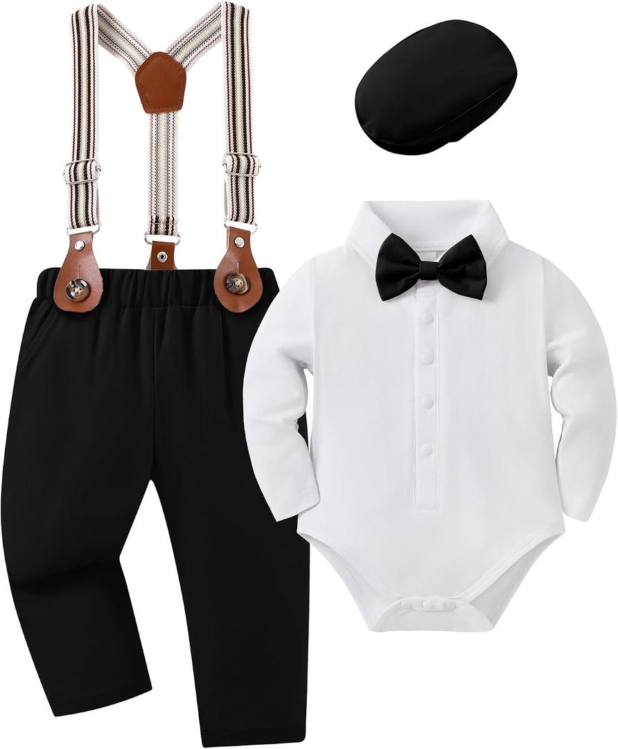 YUEMION Baby Boy Clothes Wedding Outfit Infant Tuxedo Gentleman Suits Dress Shirt+ Beret Hat +Suspender Pants +Bowtie 0-18M