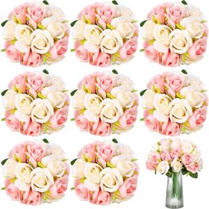 Hoteam 72 Heads Pink Artificial Rose Flowers 6 Bouquet Wedding Decoration Faux Flower Arrangement Bouquet with Stem Bridal Shower Gift Floral Centerpiece for Tables