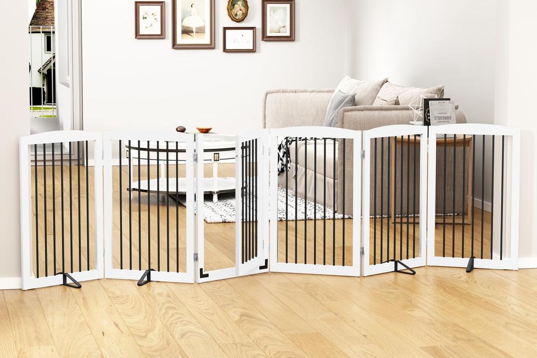 Freestanding Pet Gate with Door, Tall Dog Gate for House, Extra Wide, Pet Puppy Safety Fence, Support Feet Included, 120 Inch Wide, 6 Panels 32" Tall, White & Black