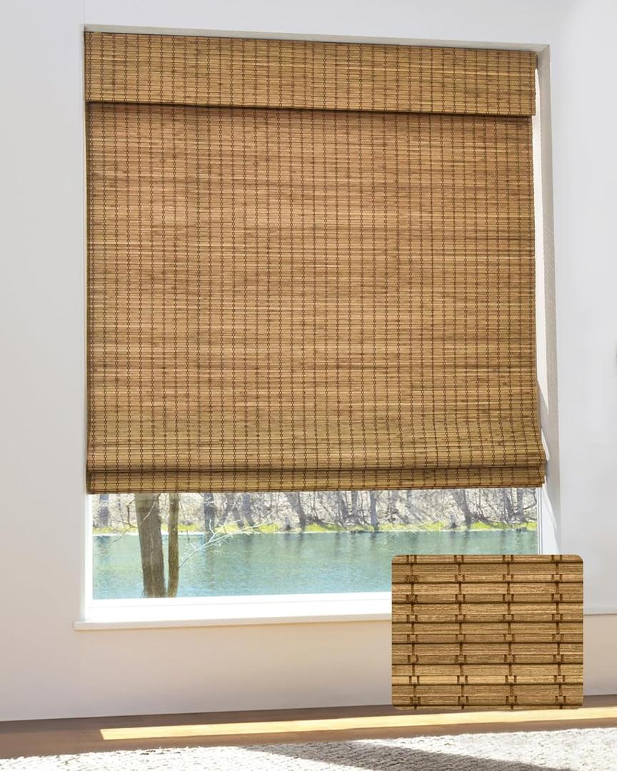 Cordless Bamboo Roman Shades for Windows, Blinds Size (36" W  64" H) Colour (Eastfield Teak)
