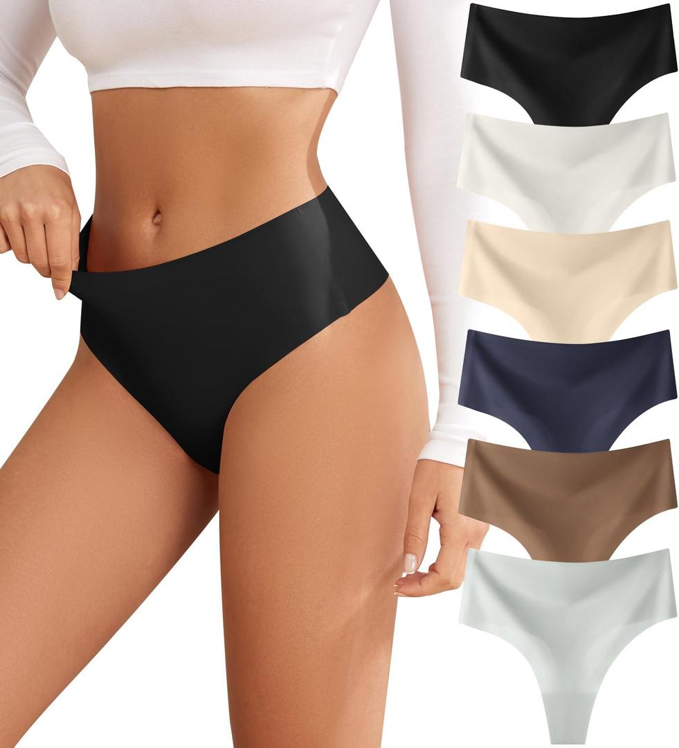 Thongs for Womens High Waisted Seamless for Women Underwear Sexy Breathable Panties 6 Pack (Large)