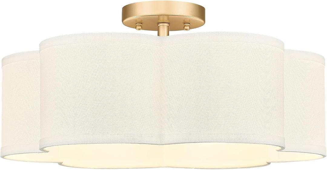 Gold Semi Flush Mount Ceiling Lights, 6-Light 18Inch Ceiling Light Fixtures with Fabric Shade in Flower Shape, Farmhouse Brass Drum Lighting for Nursery Bedroom Kitchen, AD-22007-6SF-GD, 18", Single Shade