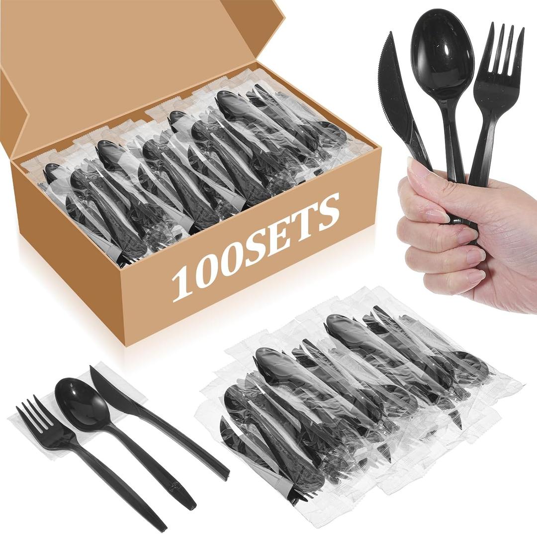 100 Sets (400 Pcs) Individually Wrapped Plastic Silverware Sets Bulk - Disposable Knife Fork Spoon & Napkin Kit in Black for Wedding, Party, BBQ, Picnic, Camping & Events