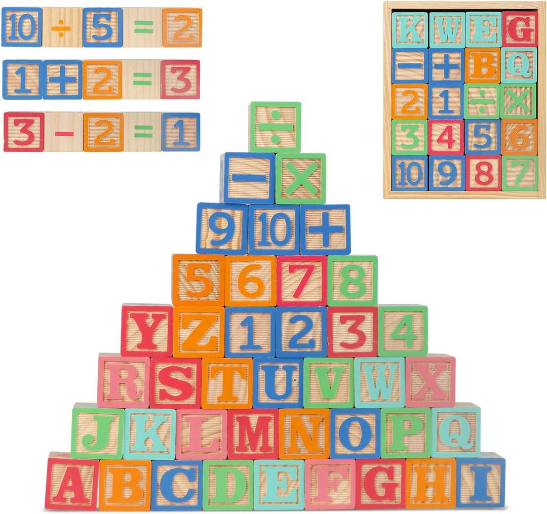 Joqutoys ABC Wooden Building Blocks for Toddlers 3 Large, 40 PCS Alphabet & Number Stacking Blocks with Storage Tray, Montessori Educational Learning Toys for Boys Girls Kids Gifts 1.65"