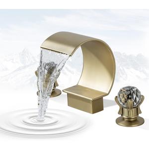 Bathroom Sink Faucet 3 Hole Widespread Waterfall Bathroom Faucets with Crystals Handles Basin Mixer Tap 8-Inch High Arc Vanity Faucet with Supply Hose, Brushed Gold