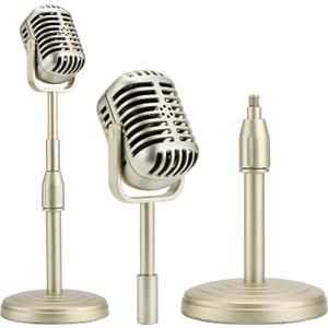 Facmogu Vintage Desktop Microphone Prop Model with Adjustable Height, Classic Retro Style Microphone Stand Fake Mic Prop Decoration for Costume Role Play & Game Night - Gold
