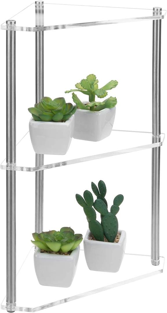 MyGift 3 Tier Acrylic Corner Shelf, Tiered Decorative Tabletop Organizer for Makeup or Cosmetic Storage, Bathroom or Office Triangle Corner Display Rack Storage Shelf (Small)