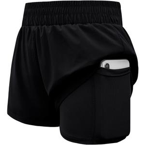 Haloumoning Girls Athletic Shorts High Waist Elastic 2 in 1 Running Shorts with Side Pockets 5-14 Years (Black)