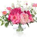 Artificial Flowers in Vase, WELL KNOWN Silk Hydrangea Bouquet and Peonies Artificial Flowers Table Centerpieces with Faux Water for Home Decor Fake Tulips Flower Arrangements for Table Decor (Fuchsia) (Mix Peony-fuchsia)