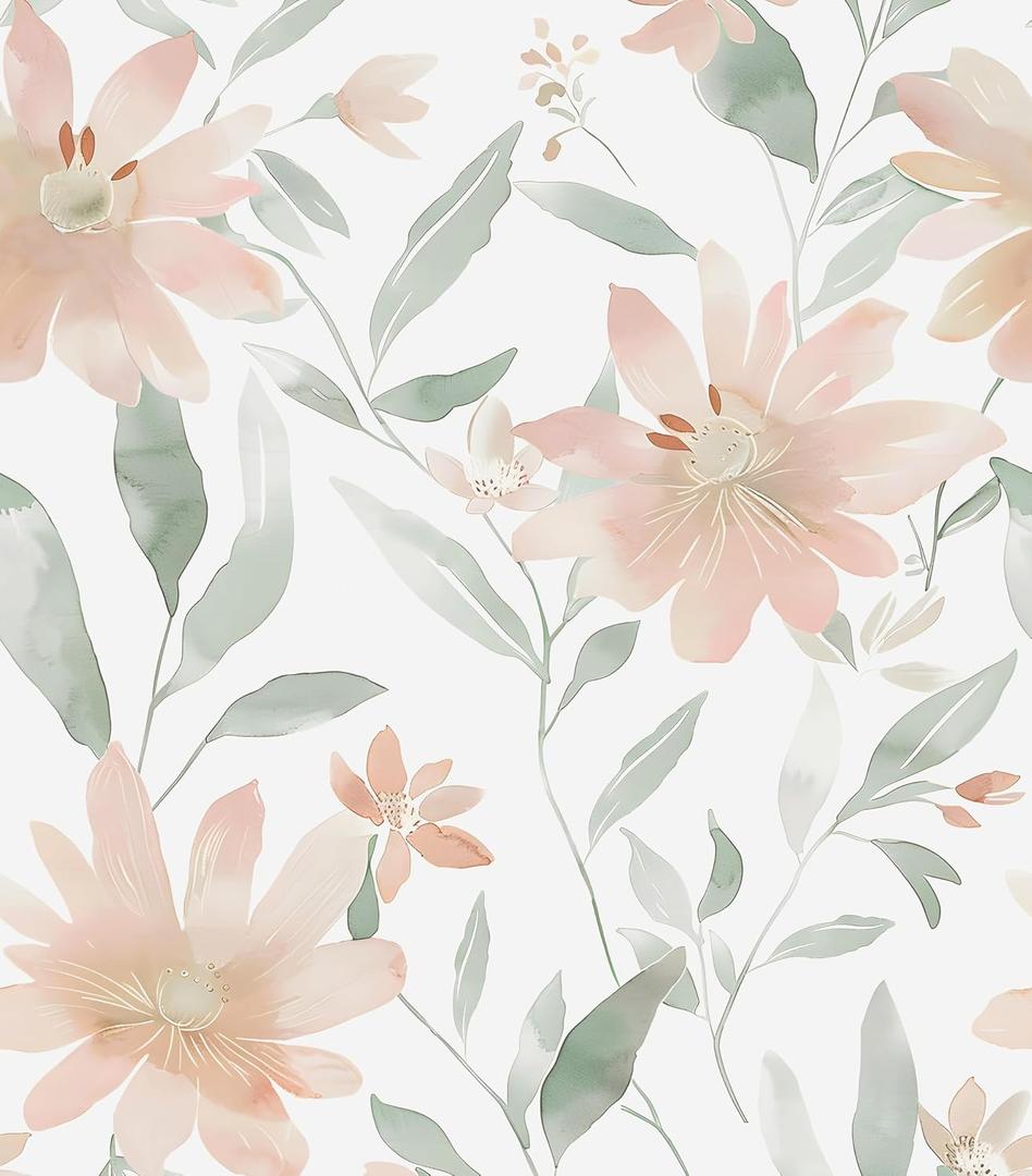 Laatse Floral Wallpaper Peel and Stick Vintage Flowers Contact Paper 17.5" x 118" Pink Floral Wallpaper Vinyl Waterproof Self Adhesive Boho Leaf Modern Wall Paper for Bedroom Cabinet Countertop Decor
