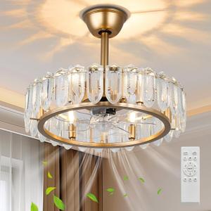 CXGLEAMING 20.7 Modern Crystal Ceiling Fan with Lights Caged Chandelier Fan Bulbs Flush Mount 6 Speed Smart Timing Fandelier with Remote for Living Room Bedroom (6*E12 Base)