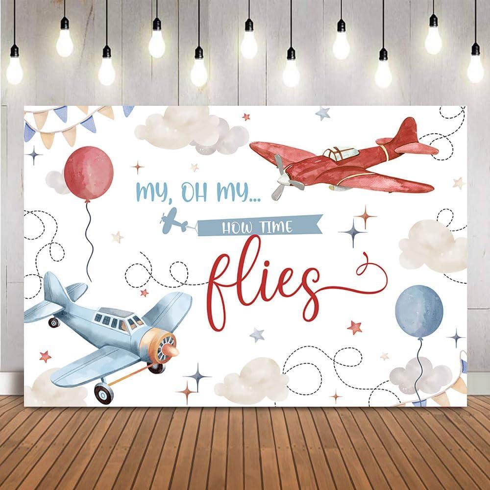 Airplane 1st Birthday Backdrop Time Flies Boy Birthday Photo Booth Background Banner First Birthday Party Decoration for Kids First Birthday Supplies (82"x59")
