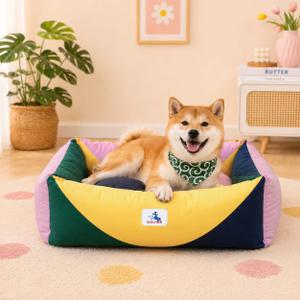 Cotton Canvas Dog Bed, Pink Dog Bed Medium Size Dog, Puppy Bed with Washable Removable Cover, Durable 290 GSM Cotton Anti-chewing Pet Bed with Anti-Slip Bottom (30"x25"x10", Pink &Y ellow  &Green)