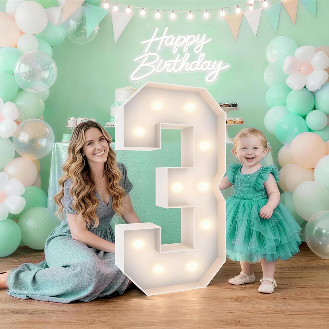 3FT Marquee Light Up Numbers 3,Party Decoration Large Marquee Light Up Letters with Weighted Water Bag,Pre-cut Foam Board Set Can Be Used for Birthdays,Weddings,Baby Anniversaries