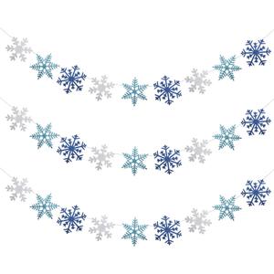 Zonon 3 Pieces Snowflake String Garland Winter Party Decoration White Blue and Light Blue Snowflake Banner Hang Decoration for Christmas Holiday Party, Winter Carnival Snow Themed Gatherings