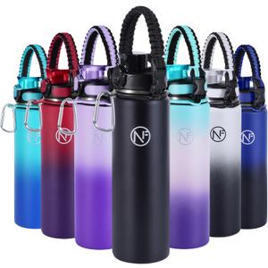 32 oz Insulated Water Bottle With Detachable Straw & Paracord Handle, Stainless Steel Thermos Water Bottle with Leakproof Lockable Lid, BPA-Free Sports Bottle (Black)