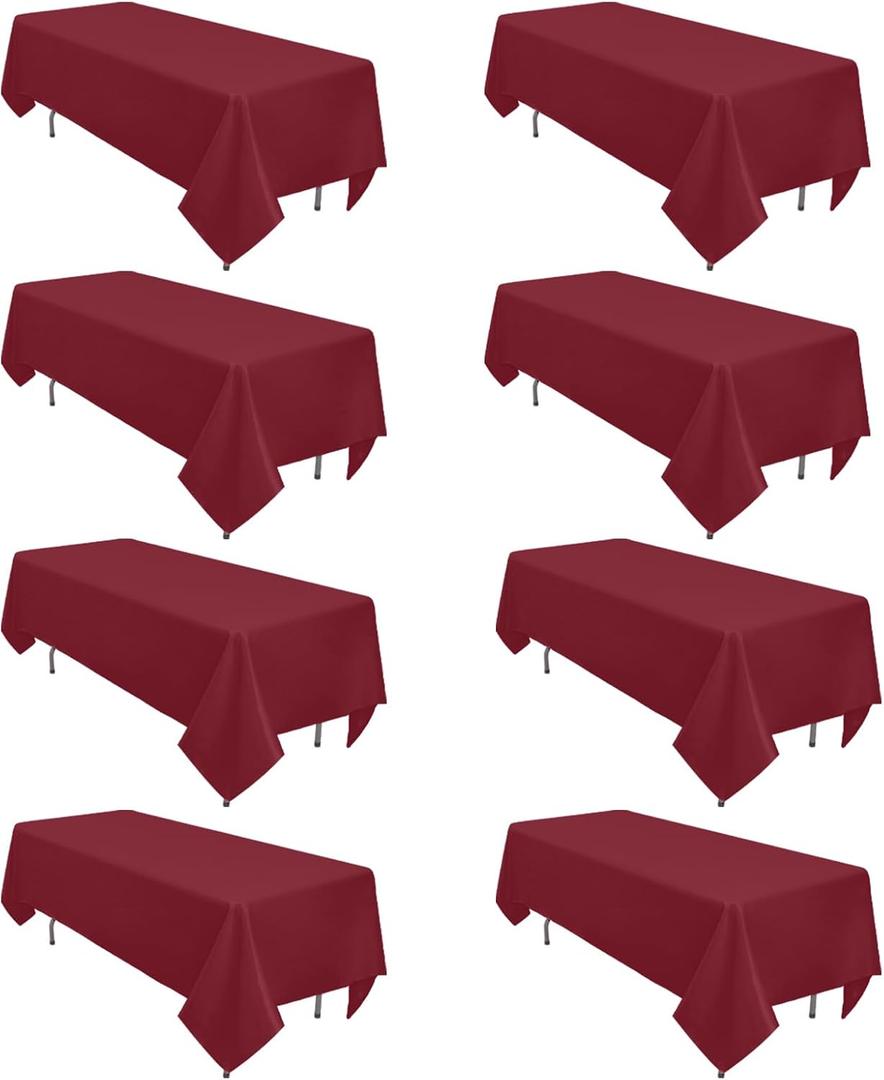 8 Pack Burgundy Tablecloth 60 x 102 Inch Rectangular Table Cloth for 6 Foot Rectangle Tables, Wrinkle Resistant Washable Polyester Fabric for Holiday Buffet Wedding Party Banquet