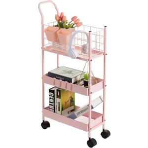 danpinera Slim Storage Cart, 3 Tier Metal Slim Rolling Cart with Handle, Hooks and Hanging Cups, Narrow Kitchen Carts with Wheels for Bathroom, Kitchen, Laundry Room, Office, Small Spaces, Pink