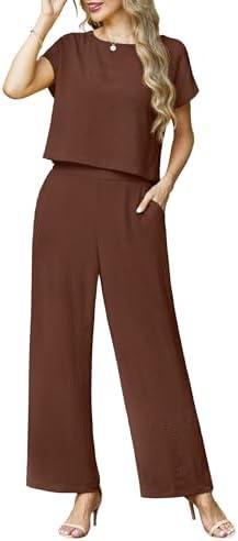 Lepunuo 2 Piece Sets for Women Summer Cap Sleeve Crop Top Wide Leg Pants Matching Lounge Set Vacation Beach Travel Outfits M