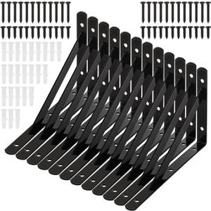 Hiceeden 12 Pack Heavy Duty Shelf Brackets, 8 in x 5 in Wall Mount Steel L Shelf Bracket, Angle Brackets for Floating Shelves, Black Metal Powder-Coated