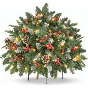 Prelit Small Christmas Tree 20" with 50 Warm LED Timer Lights, Battery Operated Xmas Tree with Red Berries & Pinecones, Frosted Urn Filler, Outdoor for Porch and Pathway,1 Pack (Snow Berry Tree)