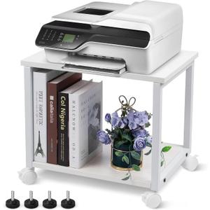 Under Desk Printer Stand - 2-Tier Industrial Mobile Printer Table with Storage Shelf, Heavy Duty Wood Rolling Printer Cart with Wheels for Home and Office,Maple White (16.5*11.8*14.5)