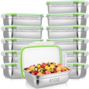 Blushtier 12 PC 304 Stainless Steel Food Storage Containers with Airtight Lids, 61oz/1800ml Metal Meal Prep Containers Bento Box, Freezer Dishwasher Safe Keep Food Fresh for Kitchen, Picnic, Camping,  61oz/1800ml
