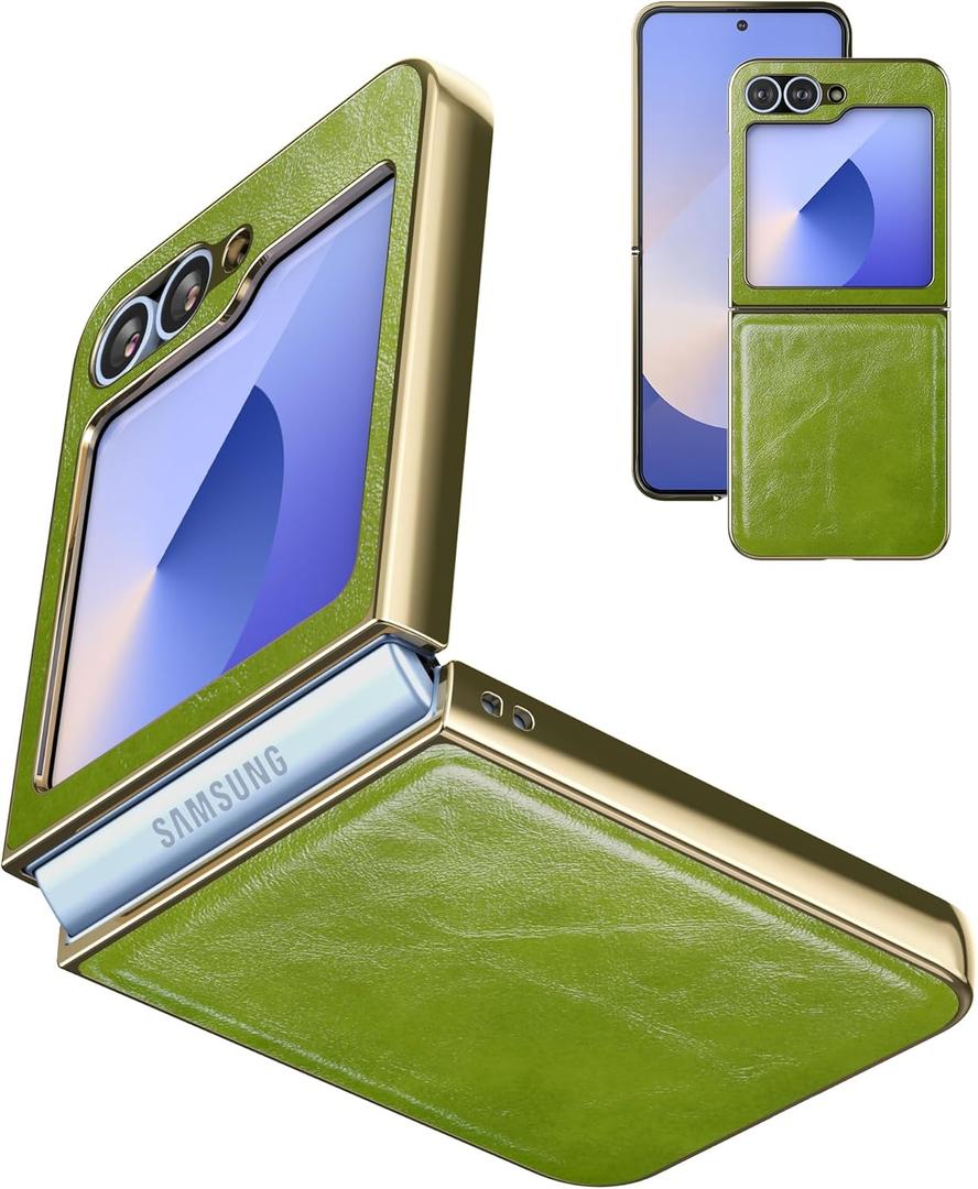 for Samsung Galaxy Z Flip 6 5G Case [PU Leather+Golden Hard PC Shell] Ultra Slim Lightweight, Stylish Durable Full Protective, Support Wireless Charging Cover for Samsung Galaxy Z Flip 6, Green