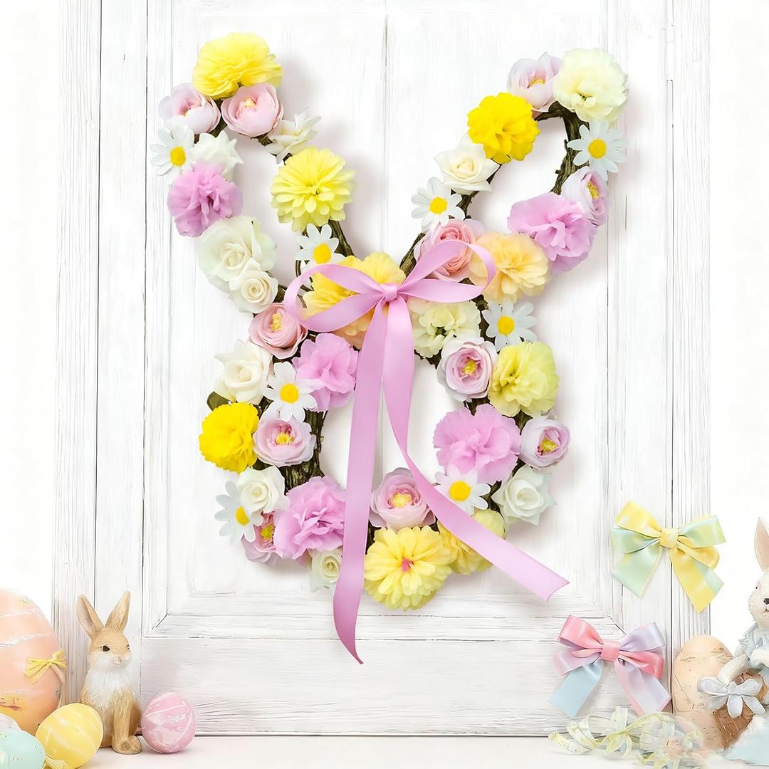Suncalla Easter Bunny Wreaths for Front Door Artificial Spring Floral Easter Rabbit Wreath with Pink Bow Decoration for Home Indoor Outdoor Window Wall Holiday Party Decor