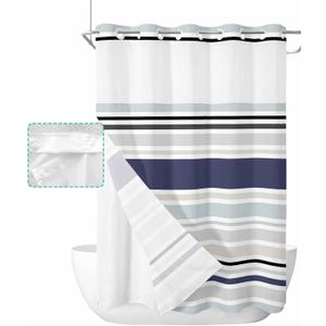 No Hook Shower Curtain with Snap in Liner Set,Abstract Geometric Stripes Waterproof Fabric Shower Curtains Simple Modern Minimalist Art Double Layer Bath Curtain for Bathroom,60Wx72H (Blue)