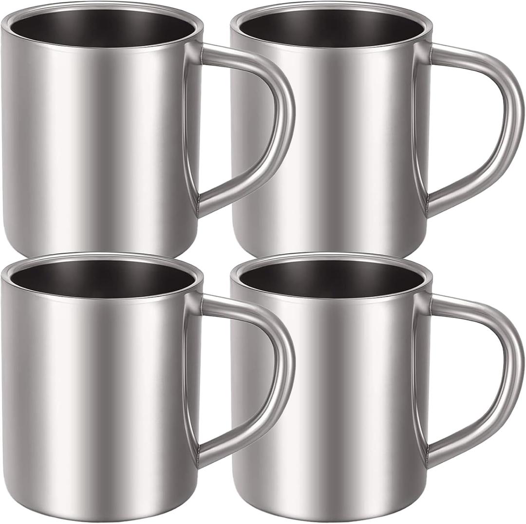 Cunhill 4 Set 10oz/300ml Stainless Steel Coffee Mug with Handle Metal Double Walled Cups Camping Mug Dishwasher Safe Tea Cups for Home Camping Travel Outdoors RV Keep Drinks Hot