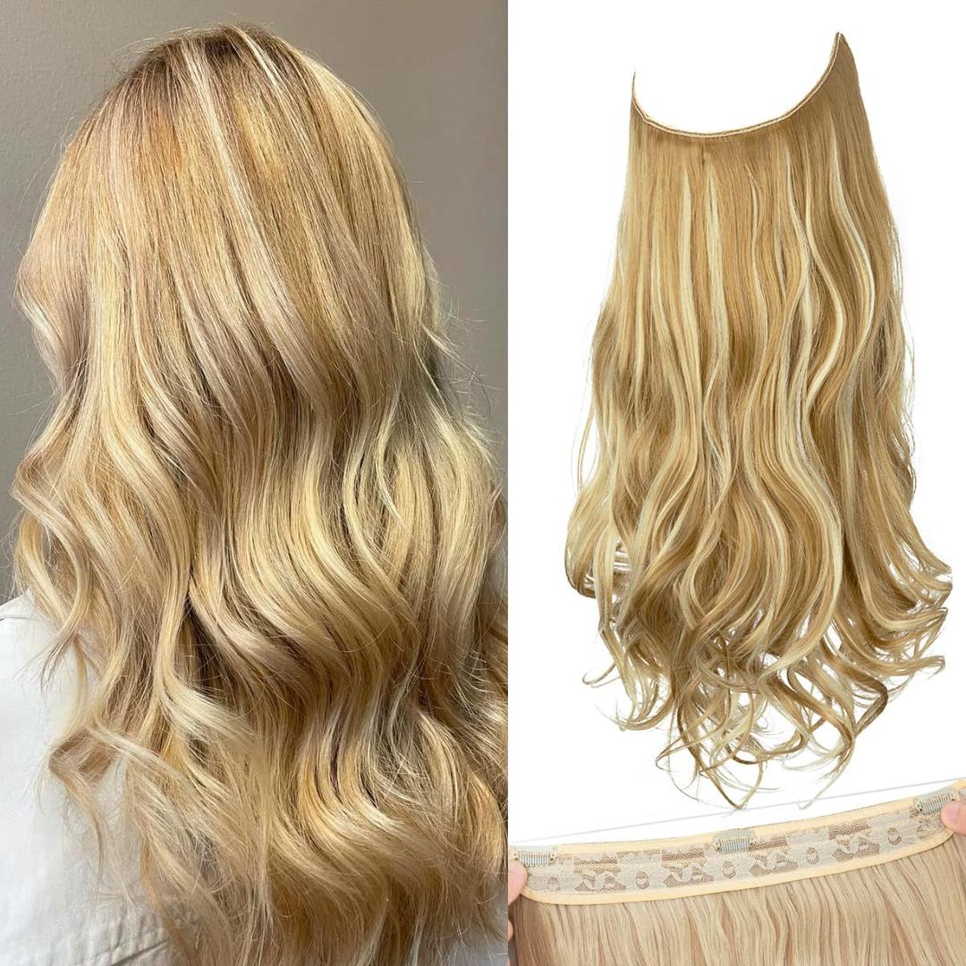 SARLA Invisible Wire Hair Extensions with 3 Clips Long Synthetic Wavy Curly Hairpiece Adjustable Transparent Headband for Women 18 Inch Honey Blonde/Bleach Blonde Highlights