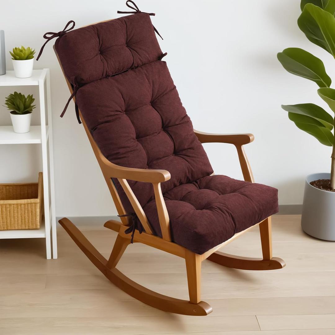 Rocking Chair Cushions for Indoor Rocker, Comfortable Polyester Brushed Tufted Non-Slip Rocking Chair Pads with Ties for Adirondack, Glider Chair rocker replacement cushions, Black Red, 52"x19"x4"