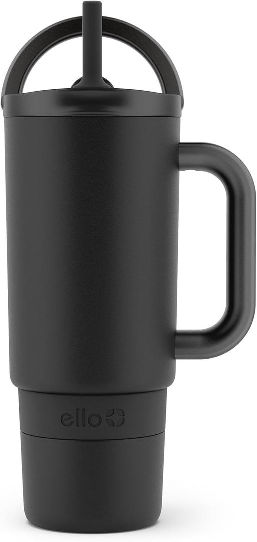 Ello Port 30oz Tumbler with Carry Loop & Integrated Handle | Vacuum Insulated Stainless Steel Reusable Water Bottle Travel Mug | Leak Proof Lid | Flexible Straw | BPA-Free | Dishwasher Safe | Black