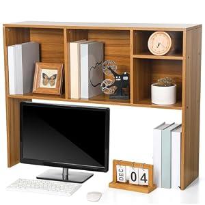 Briwooody Dorm Desk Hutch Desktop Bookshelf with 5 Shelves 3-Tier Wood Countertop Desk Shelf Top Only Organizer for College Dorm Office Home, 32.3 x 7.9 x 25.2 Inch(Brown)
