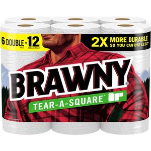 Brawny Tear-A-Square Paper Towels, 6 Double Rolls = 12 Regular Rolls, 3 Sheet Sizes (Quarter, Half, Full), Strength for All Messes, Cleanups, and Meal Prep, White