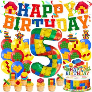Birthday Decorations 5 Year Old Boy  Building Blocks 5th Birthday Decorations  Party Kit: Number 5 Balloon, Banner, Cupcake & Cake Toppers, Balloons  Brick Theme Party Supplies for Boys 5 Years Old