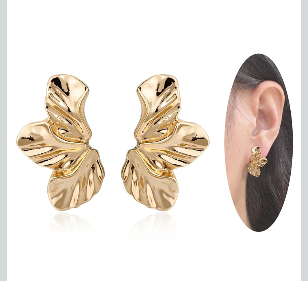 14K Gold Plated Leaf Drop Dangle Earrings for Women – Medium Statement Stud Earrings with Textured Vein Detailing, Elegant Leaf Jewelry for Gift