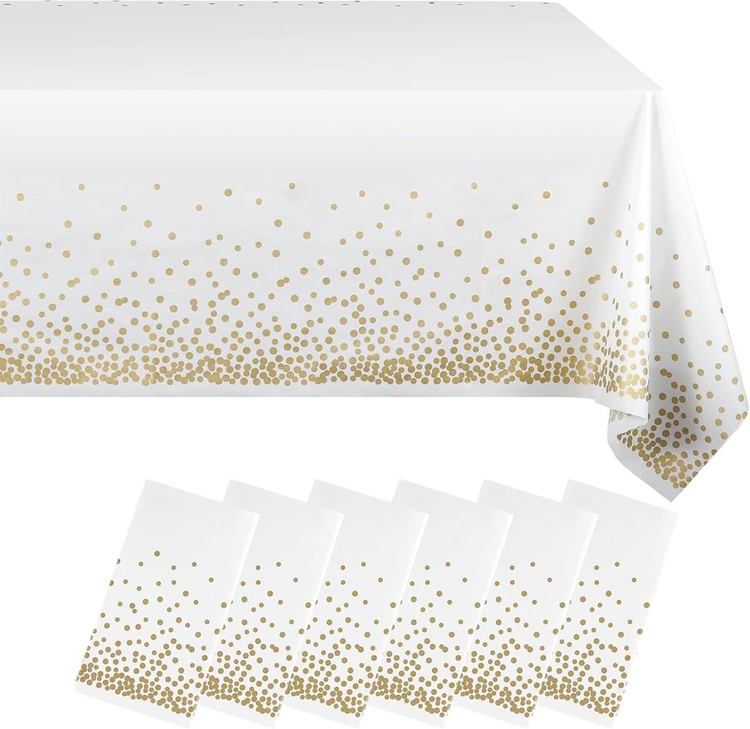 Eleclassi White and Gold Dot 6 Pack Premium Disposable Plastic Tablecloth 54 x 108 in - Polka Dot Plastic Table Cloth Disposable Tablecloth for Rectangle Table up to 8 Feet