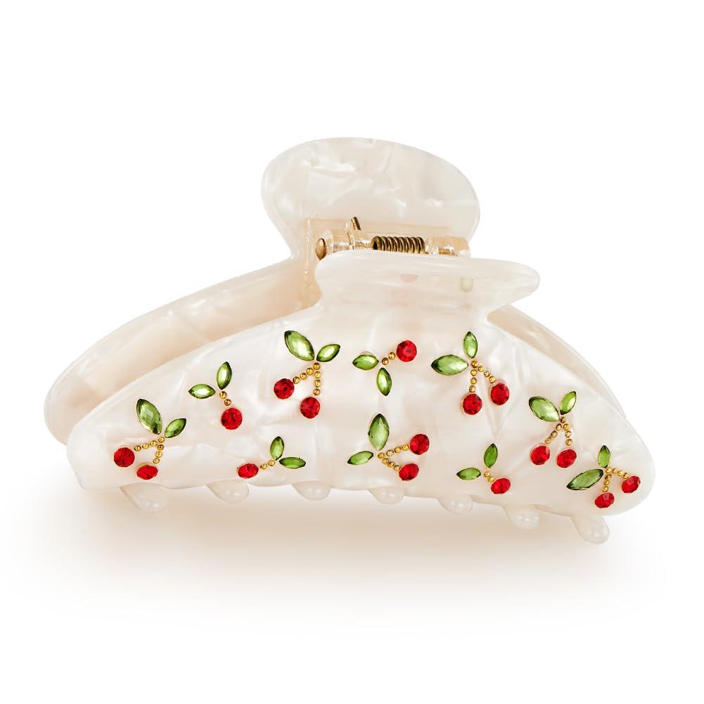 Acrylic Hair Clips Claws For Women Rhinestone Red Cherry Thick Hair Hair clips (White)