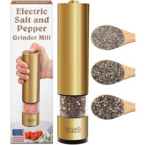 Electric Salt or Pepper Grinder - Battery Operated Ceramic Burr Peppermill Shaker - Automatic Copper Steel Grinders - Mill With LED Light by Epar