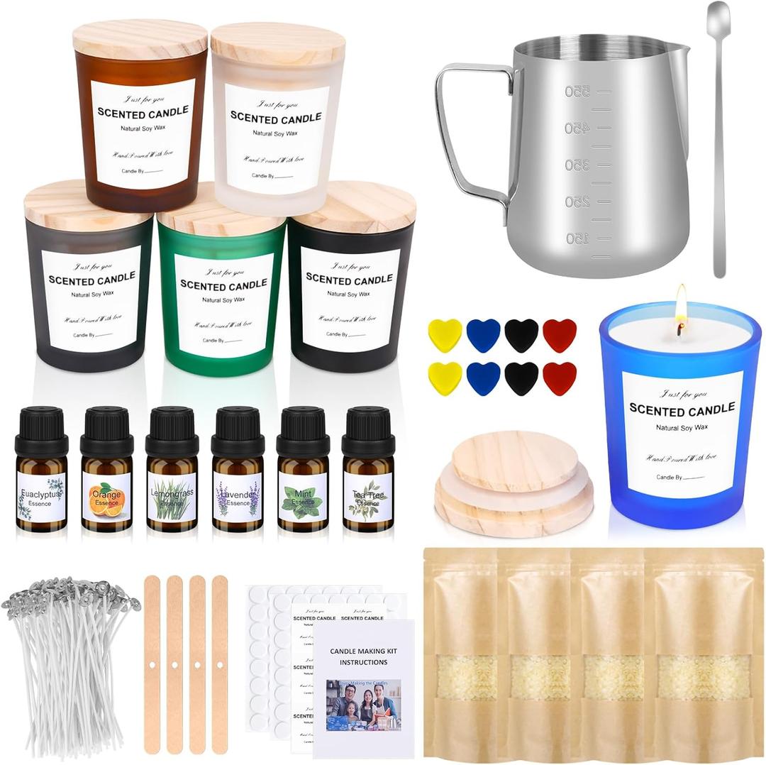Candle Making Kit for Adult, Homemade DIY Candle Making Supplies Include Soy Wax, Wicks, Glass Candle Containers, Essential Oils, Dyes, DIY Arts & Crafts Gift for Kids, Beginners, Adults, Women (Multicolor)
