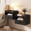 Floating Nightstand Set of 2 Modern Night Stands with Drawer and Open Shelf Cubby Small Bedside End Table with Charging Station Wall Mounted Nightstands Set 2 for Bedroom Black