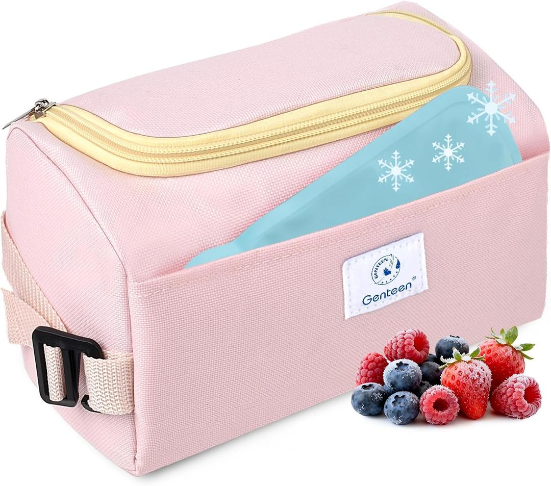 Genteen Small Cooler Bag with Ice Packs,Freezable Lunch Bag/Snack Bag,Small Insulated Bag Reusable Lunch Bag Kids with Zip Closure & Buckle Handle for Travel/School/Work,Pink
