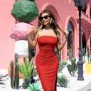 GOKATOSAU Women's Summer Strapless Mesh Bodycon Split Ruched Midi Party Dress Red (Red, L)
